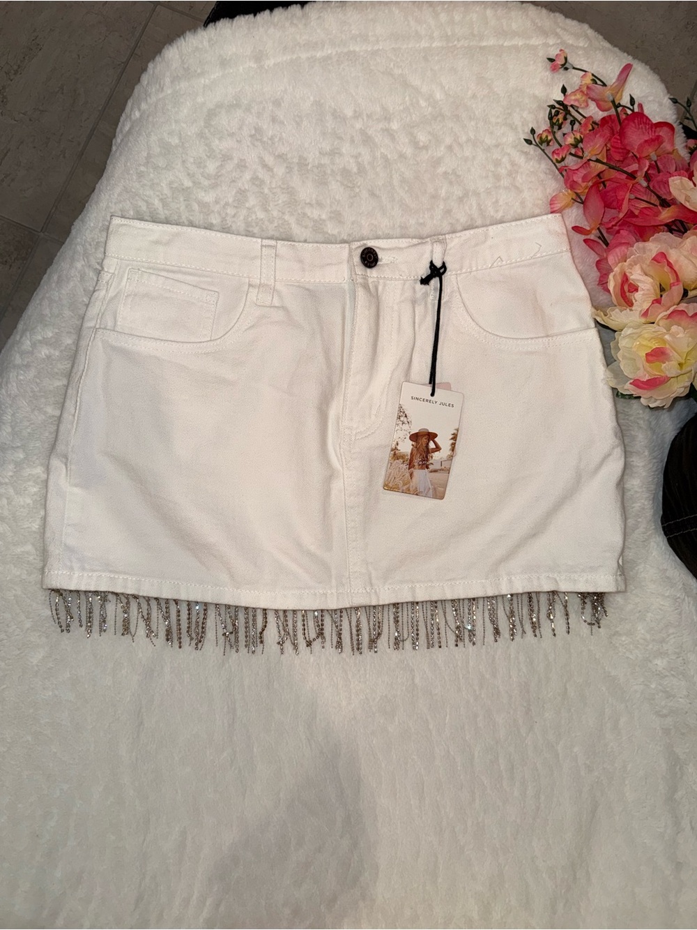 3 x 20$ Sincerely Jules White Mini Skirt with Silver Beaded Fringe Size 30